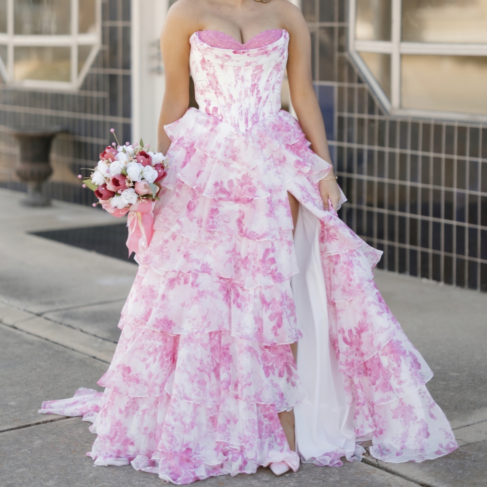 Strapless Pink Floral Ruffle Evening Gown - Picture 1 of 3